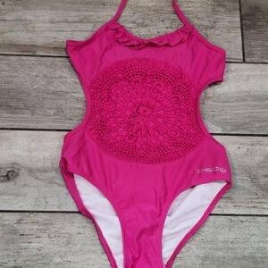 BeBe Girls Sz 14 Hot Pink Swim Suit Crochet Front Cut One Piece